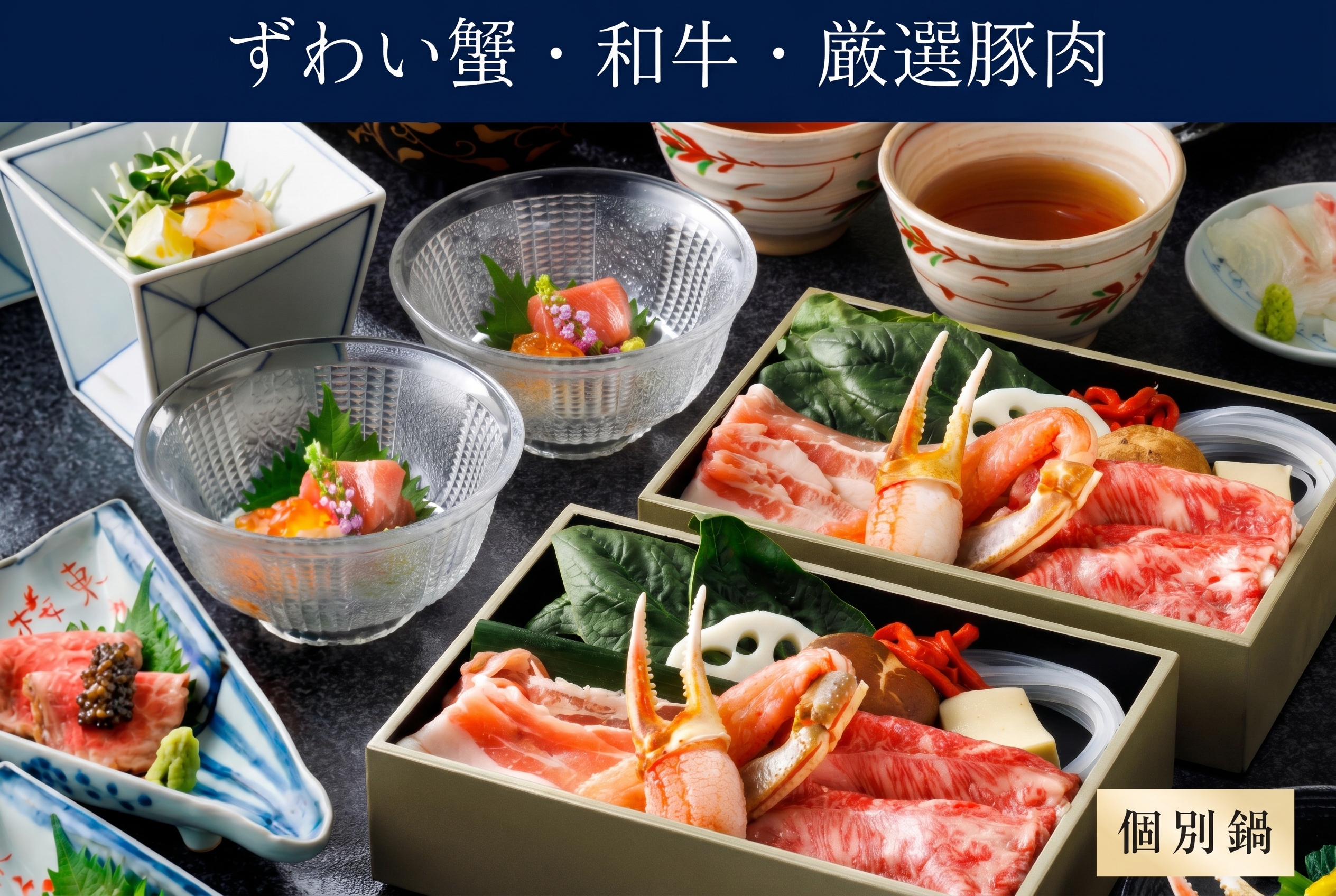 【個別鍋の出汁しゃぶ】四季会席「貴船 きふね」（ずわい蟹、和牛、厳選豚肉）＊前日までの要予約